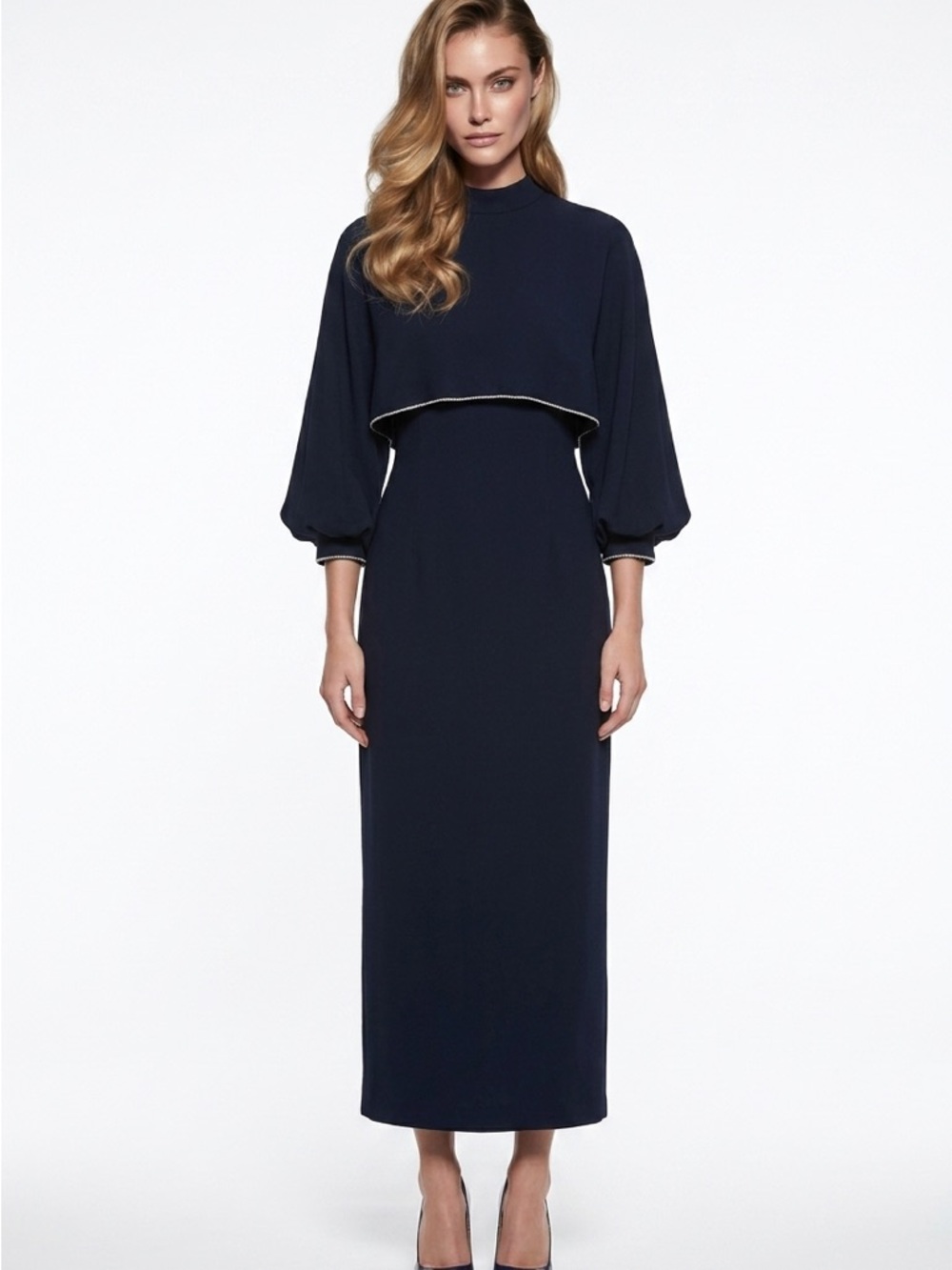 Navy Long Sleeve Maxi Dress with Cape Overlay